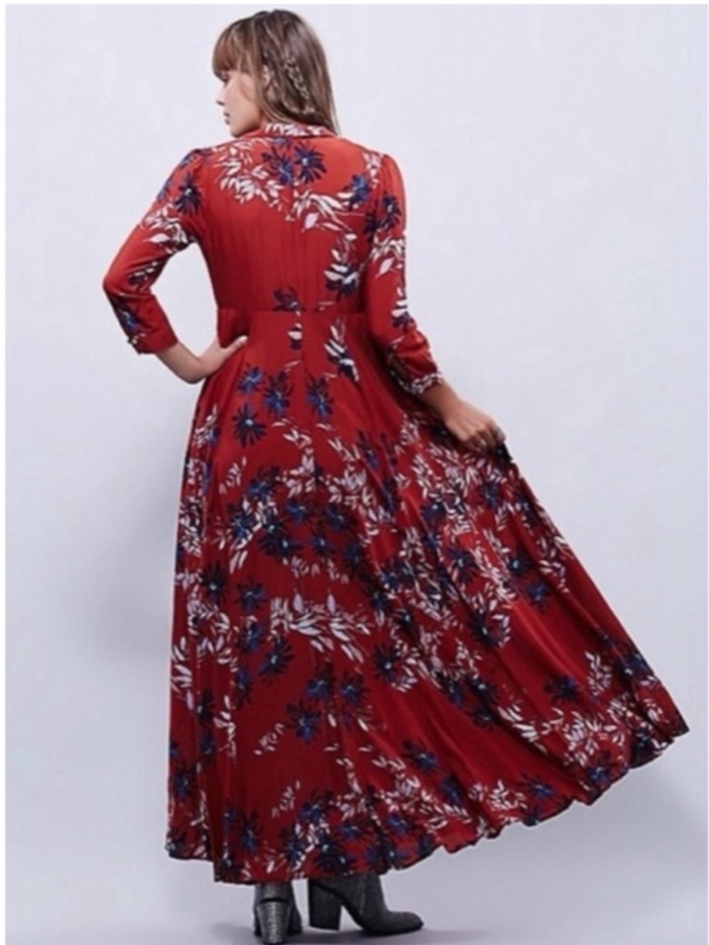 Free People Red After The Storm Floral Print Boho Maxi Shirt Dress Size 12 - Picture 2 of 9